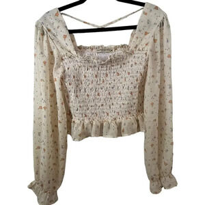 Chance and‎ Fate Smocked Cropped Sheer Sleeved Blouse with floral pattern